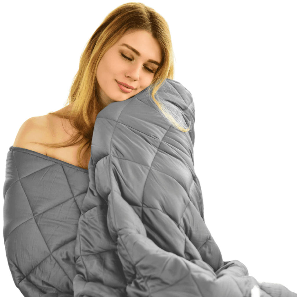 A woman holding the WONAP bamboo weighted blanket