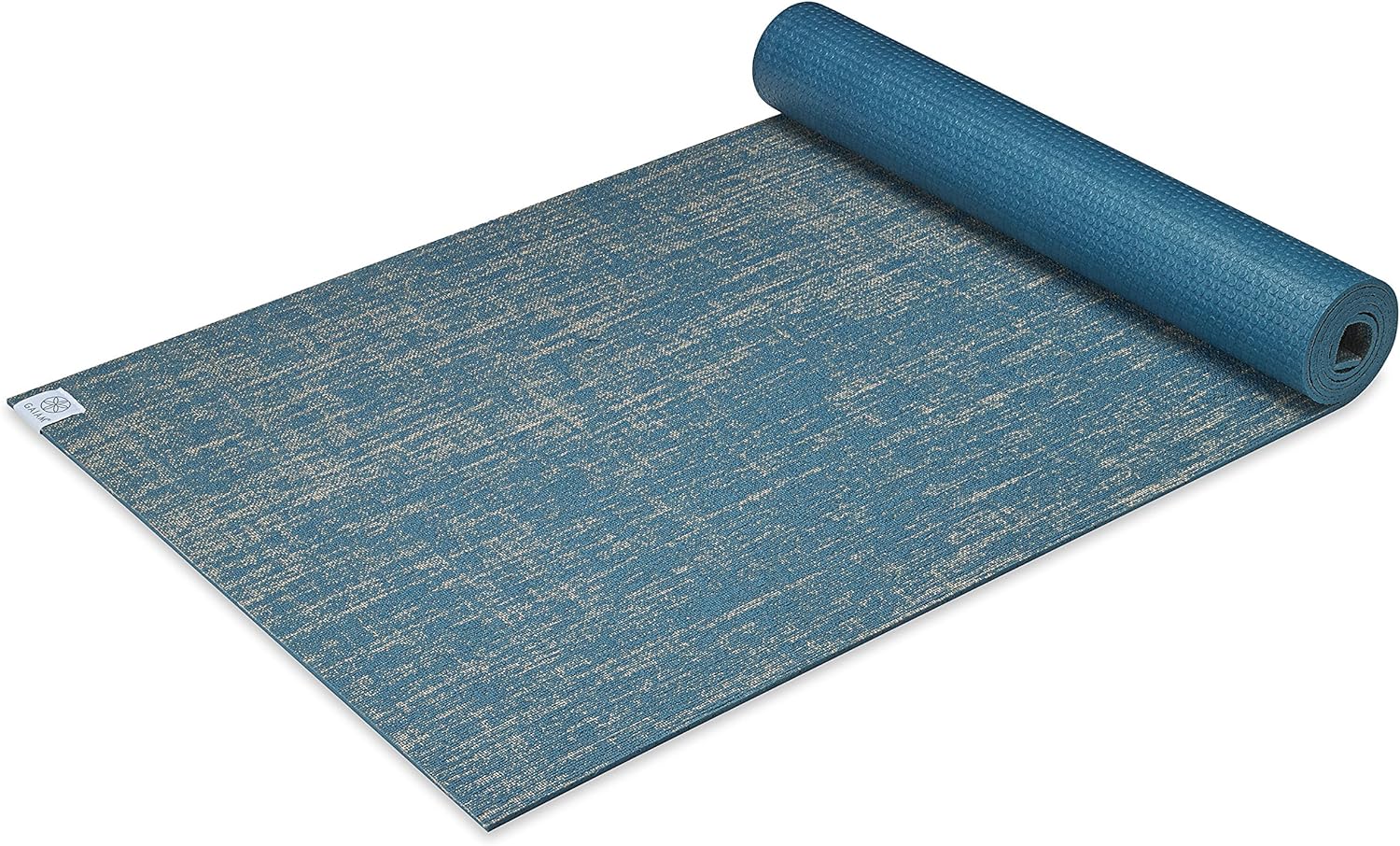 A blue and tan jute yoga mat from Gaiam