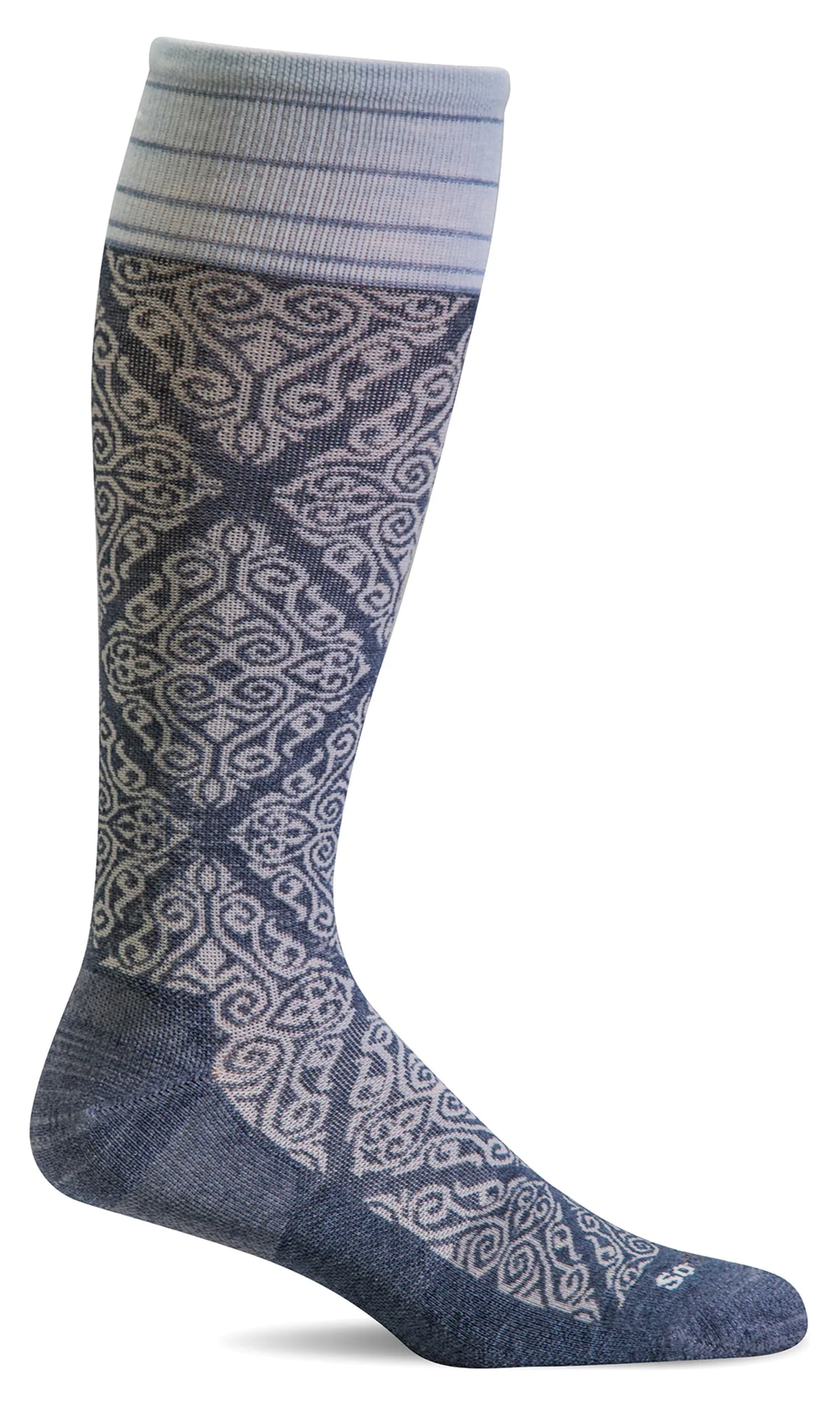 A pair of bamboo compression socks for women from Sockwell with an ornate white pattern