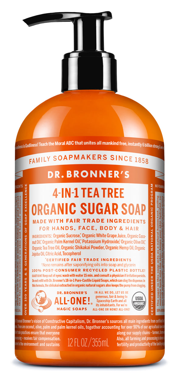 Dr. Bronner’s Organic Sugar Soap bottle in orange with a black pump 