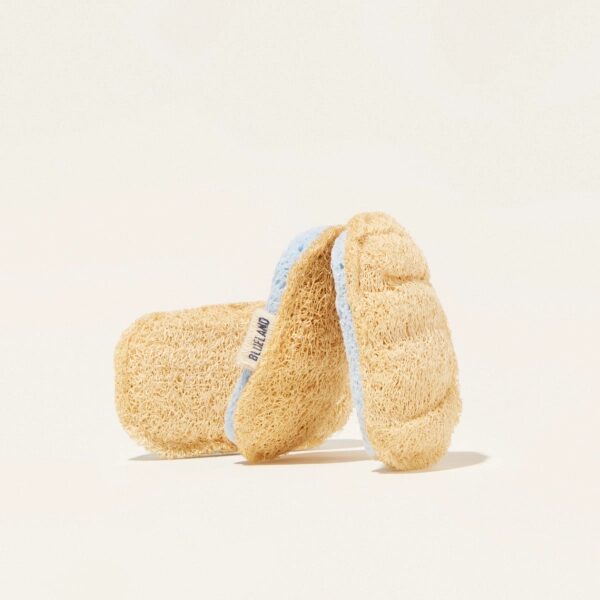 A close-up of three eco-friendly scrubber sponges from Blueland