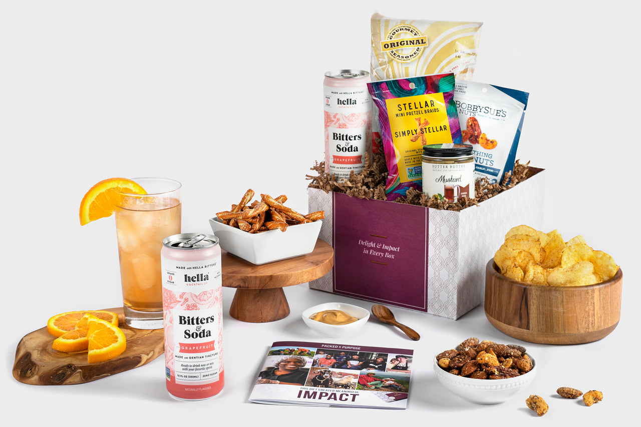 Indulge in eco-friendly Happy Hour Snacks from Packed With Purpose Corporate Gift Baskets, perfect for sustainable celebrations.