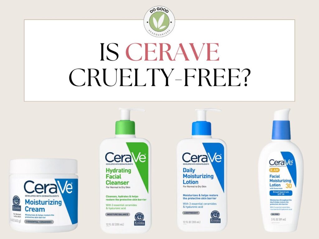 A beige background with images of CeraVe products and a textbox that says “Is CeraVe Cruelty-Free?”