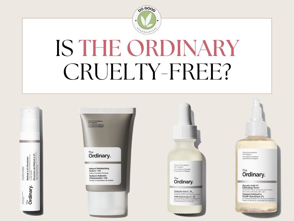 A beige background with images of The Ordinary products and a textbox that says “Is The Ordinary Cruelty-Free?