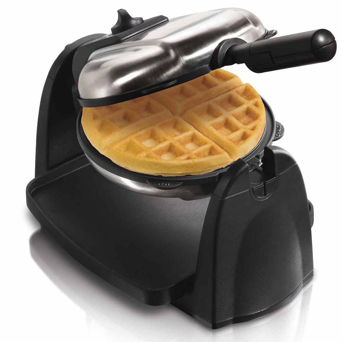 Hamilton Beach Non Toxic Waffle Maker pictured partially open with a cookie waffle inside 