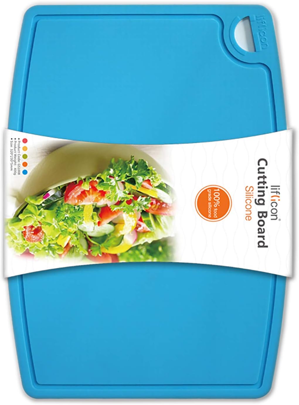 Liflicon thick silicone cutting board, lightweight, colorful, and dishwasher-safe.