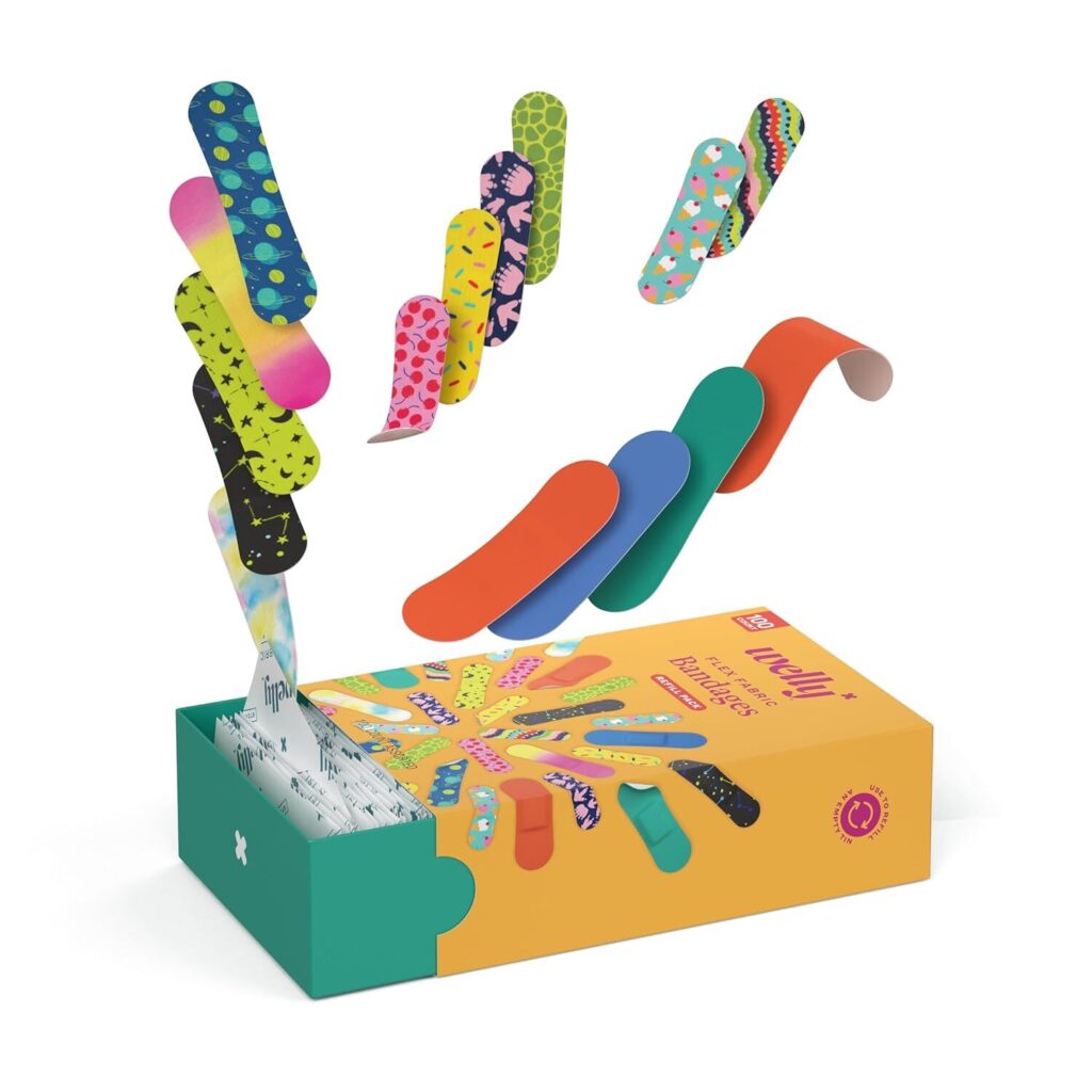 Colorful Welly bandages spread out above a yellow box