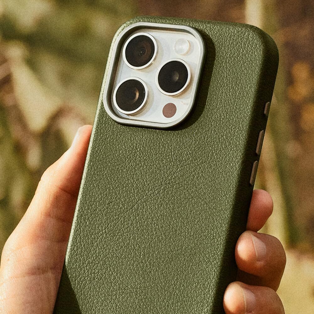 A hand holding an iPhone covered in a green cactus leather OtterBox phone case